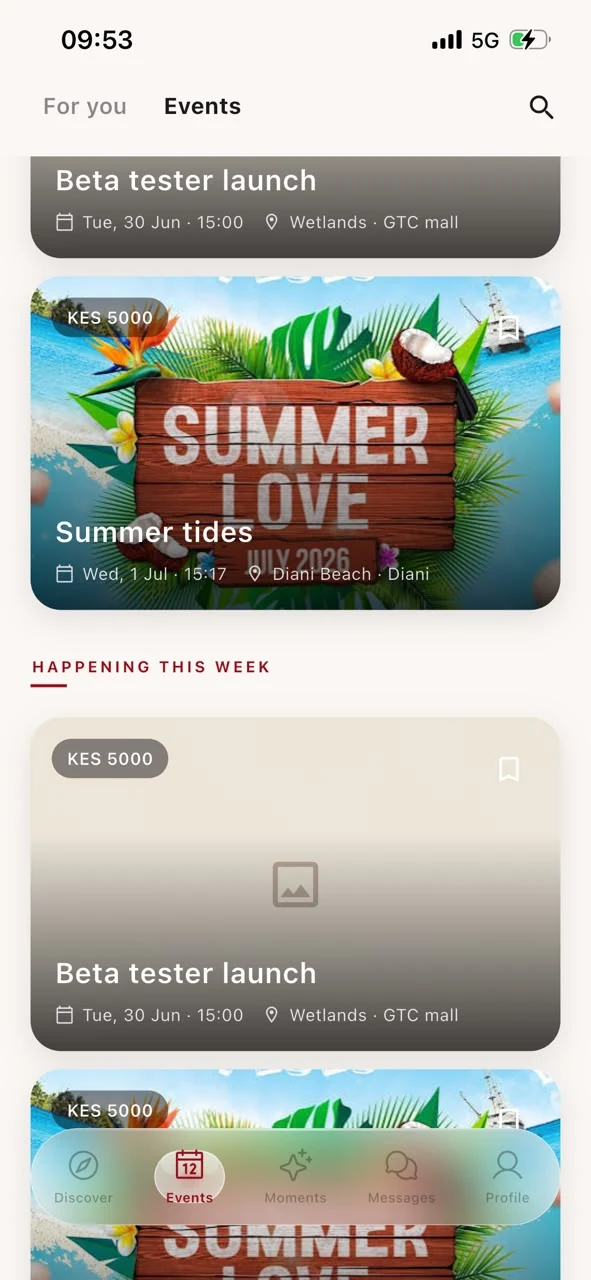 KanairoXO events marketplace screen